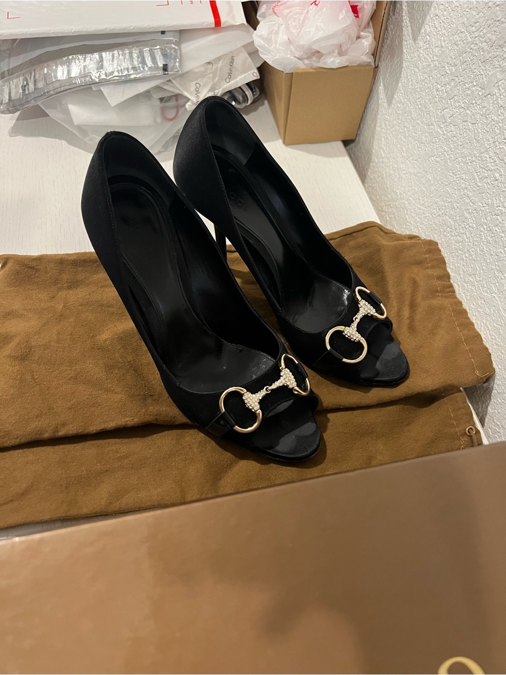 Gucci Black Satin Peep-Toe Heels with Gold Crystal Horsebit - Picture 8 of 8
